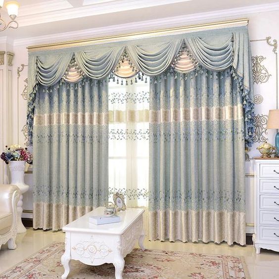 ผ้าม่านสีฟ้า ม่านหลุยส์ มีเชิงสวย